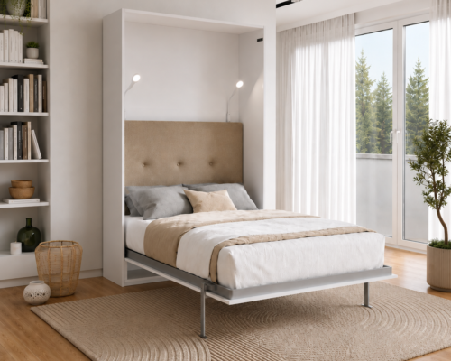 Lit escamotable haut de gamme avec tete de lit beige KAMAZZA