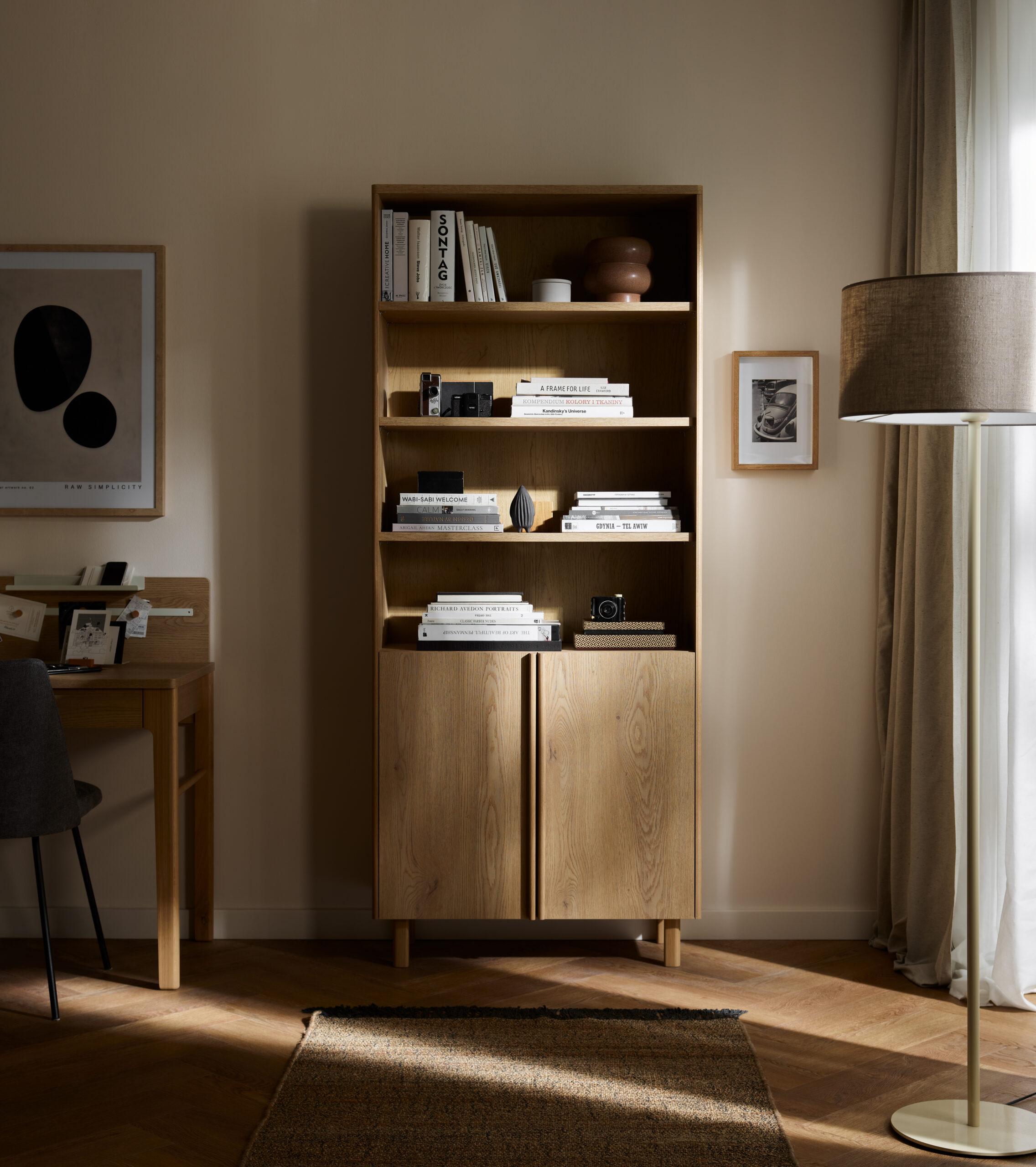 Bibliothèque 2 portes 6 étagères 83 cm chêne - JADE